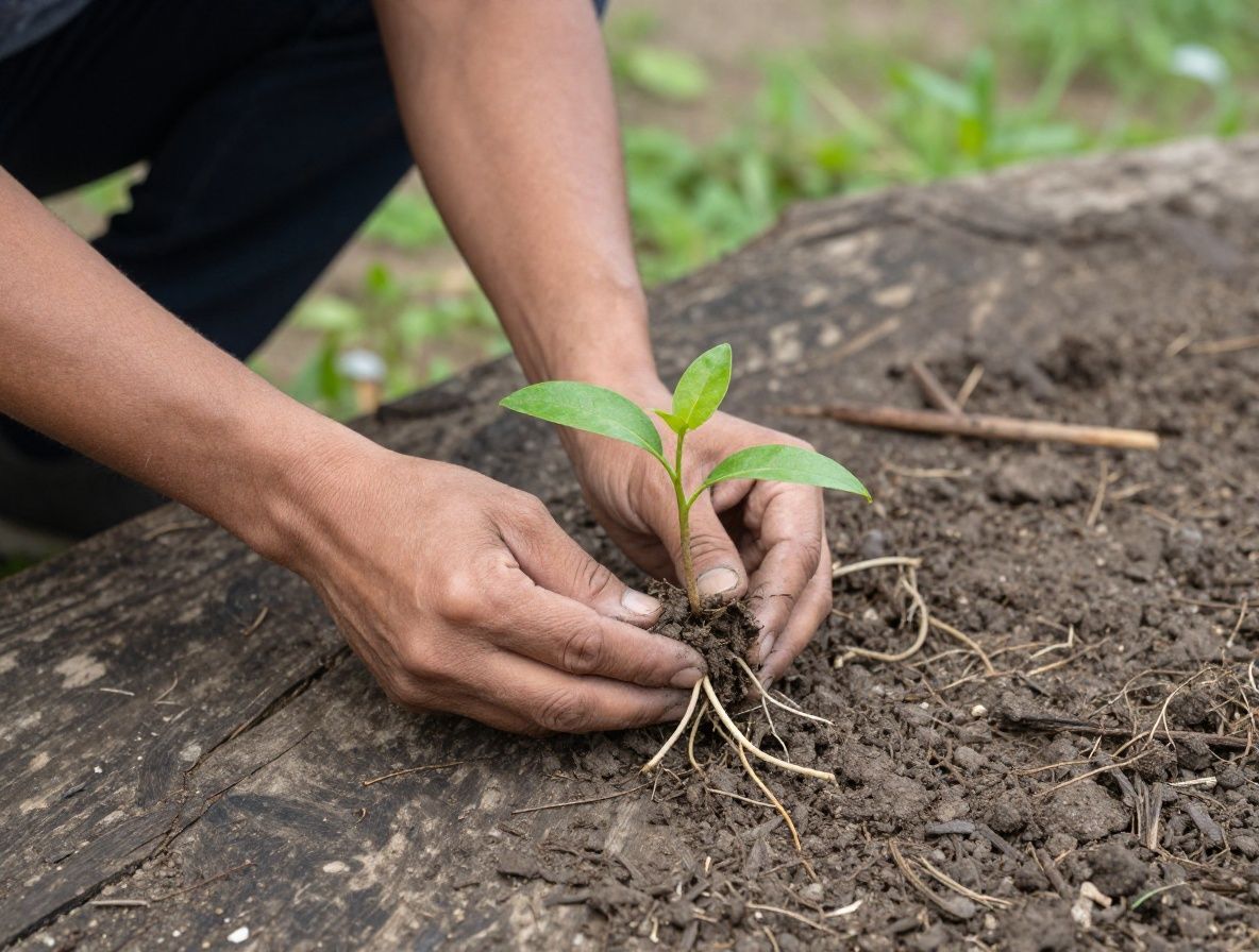 Manos sosteniendo con cuidado un pequeño retoño verde con raíces expuestas sobre tierra oscura, iluminadas por luz natural suave que proyecta sombras dramáticas sobre una superficie de madera envejecida, símbolo de conocimiento, crecimiento y cuidado