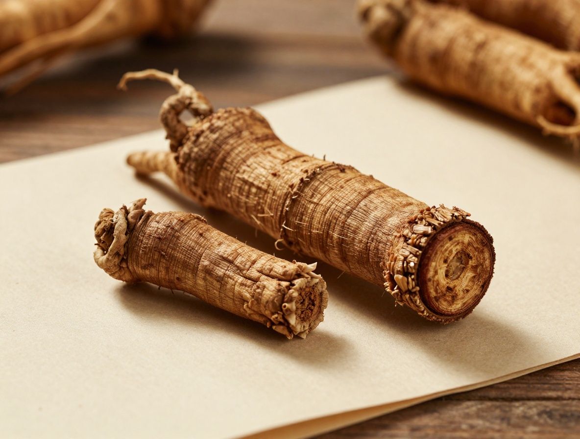 Raíces de ginseng y plantas adaptógenas secas dispuestas sobre papel kraft marrón con iluminación lateral cálida que resalta la textura natural