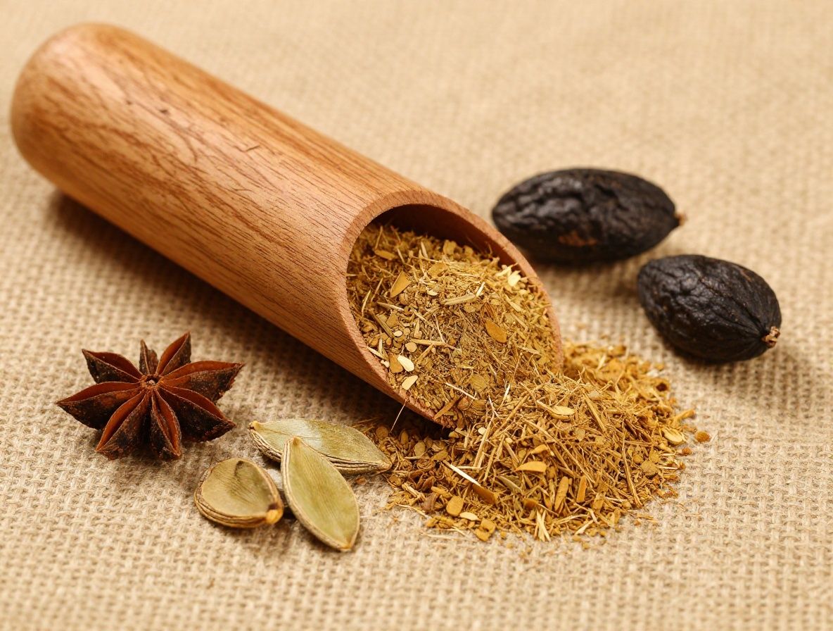 Especias variadas como cúrcuma, canela, cardamomo y pimienta negra en cucharas de madera sobre fondo de tela de yute con iluminación cálida