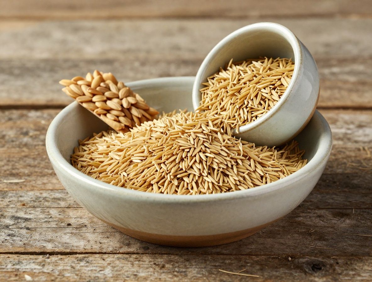 Granos enteros, leguminosas y cereales sin procesar en cuencos de cerámica rústica sobre una superficie de madera envejecida con luz natural