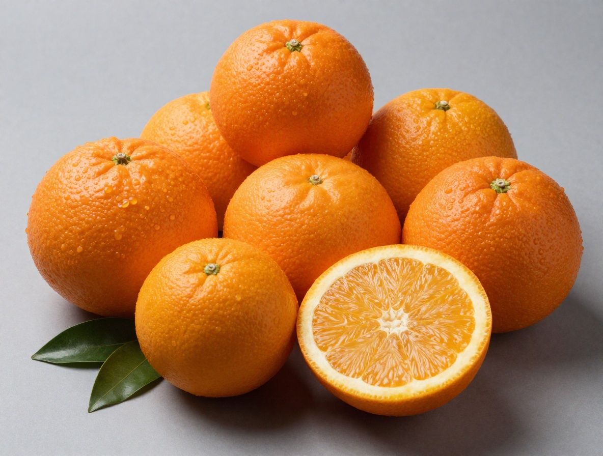 Selección de frutas y verduras ricas en vitamina C como naranjas, pimentones rojos y kiwis sobre fondo blanco con iluminación de estudio