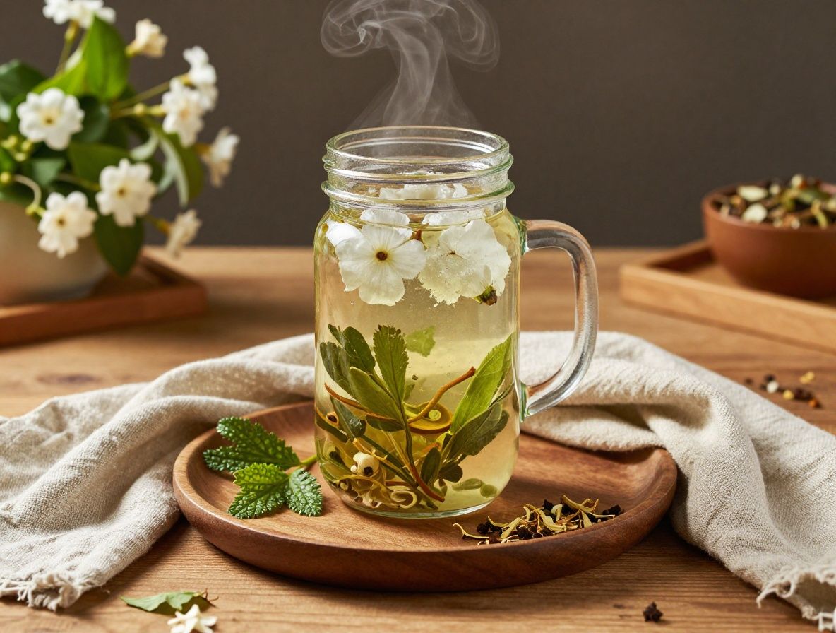 Taza de infusión herbal humeante con flores de manzanilla y hierbas secas sobre una mesa de madera con luz de atardecer filtrada por cortinas de lino
