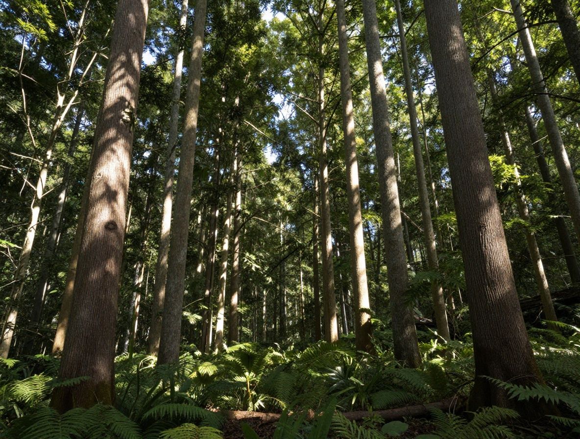 Sendero de bosque con árboles altos y luz filtrada entre las ramas, ambiente de tranquilidad y naturaleza viva