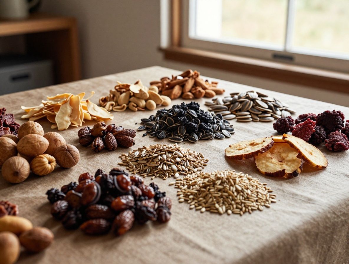 Cuenco con frutos secos, semillas y bayas secas sobre una mesa de lino beige con luz suave de ventana