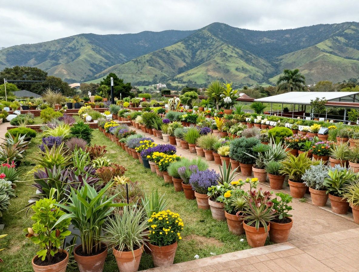 Jardín botánico con plantas aromáticas cultivadas en macetas de terracota alineadas en una terraza soleada con vista a montañas verdes