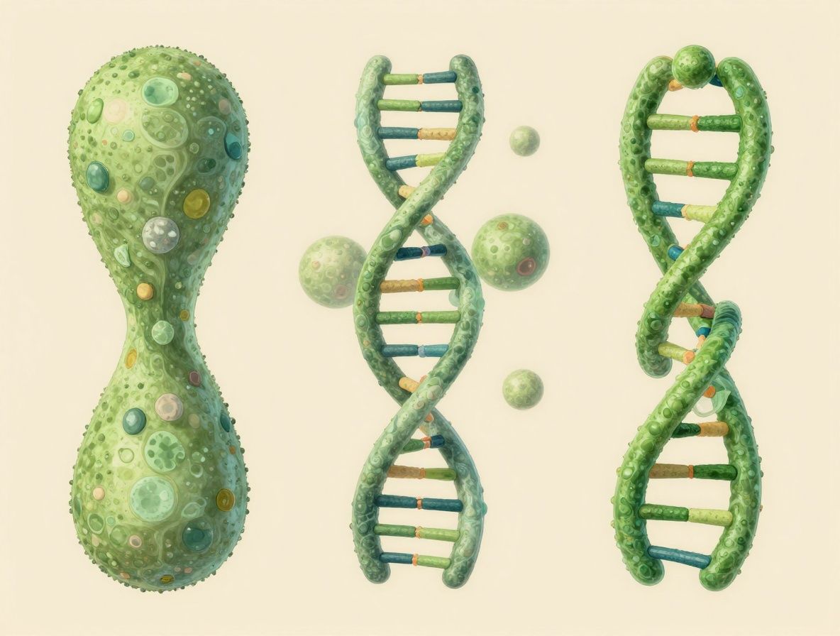 Ilustración abstracta de estructuras moleculares y cadenas de ADN en tonos verdes y beige sobre fondo oscuro, representando procesos biológicos
